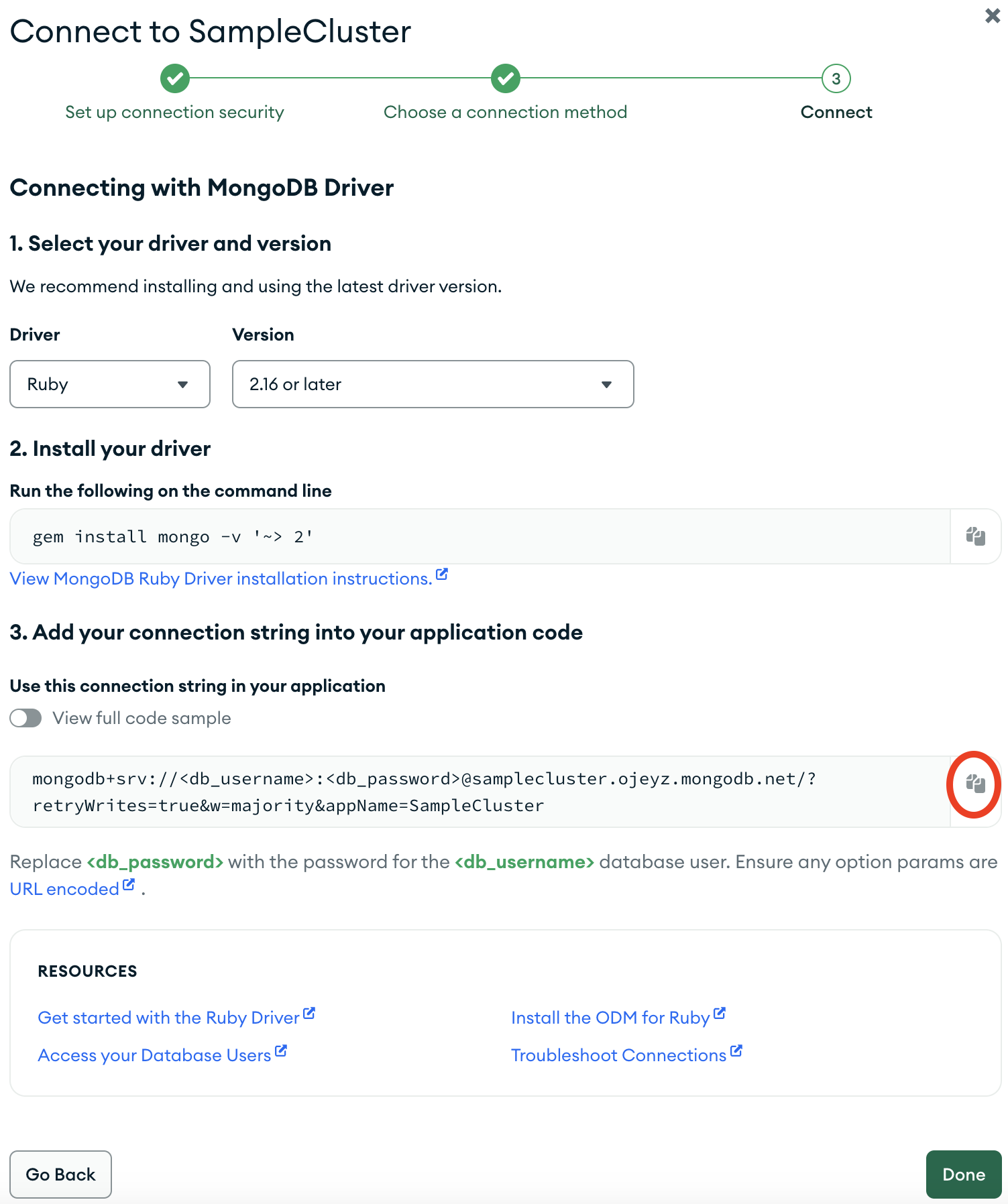 The connection string copy button in the Atlas UI